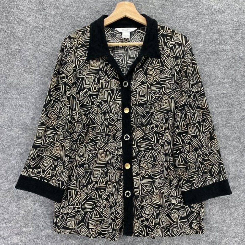 TanJay Sweater Women L Black Beige Geometric Cardigan Button Front 3/4 Sleeve